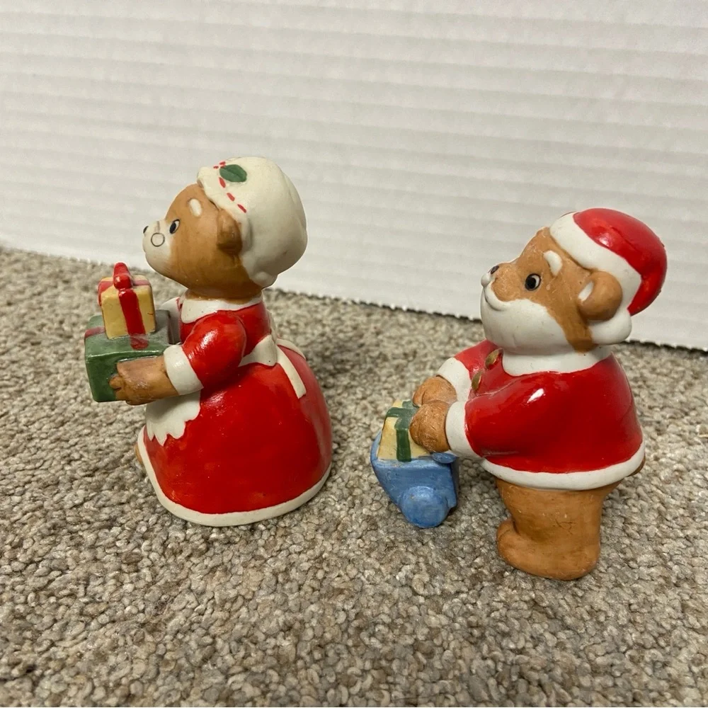 Vintage Christmas Bear Figurines in Red and Green Mrs. And Santa Claus. Set of 2